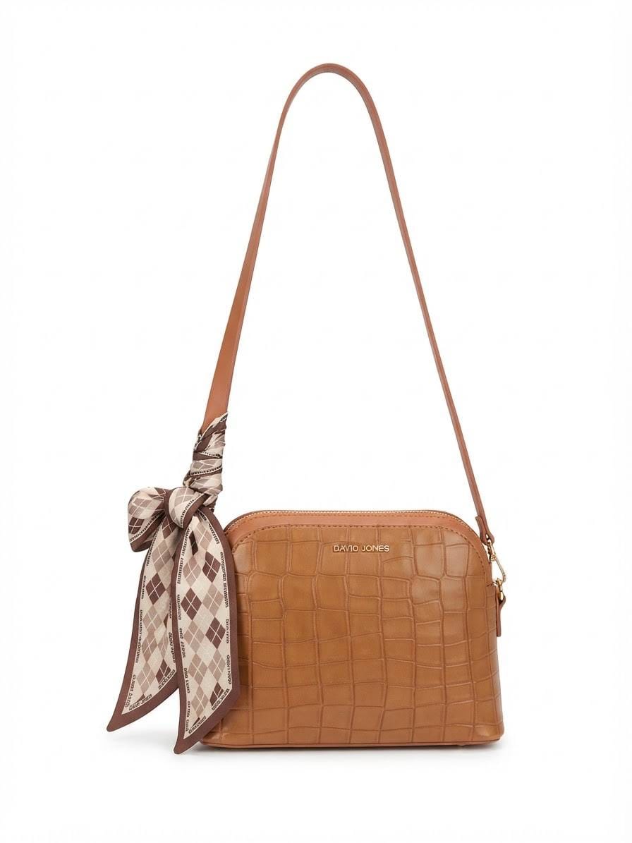 BAG_5 — Camel scarf-detail textured crossbody bag front (Camel)