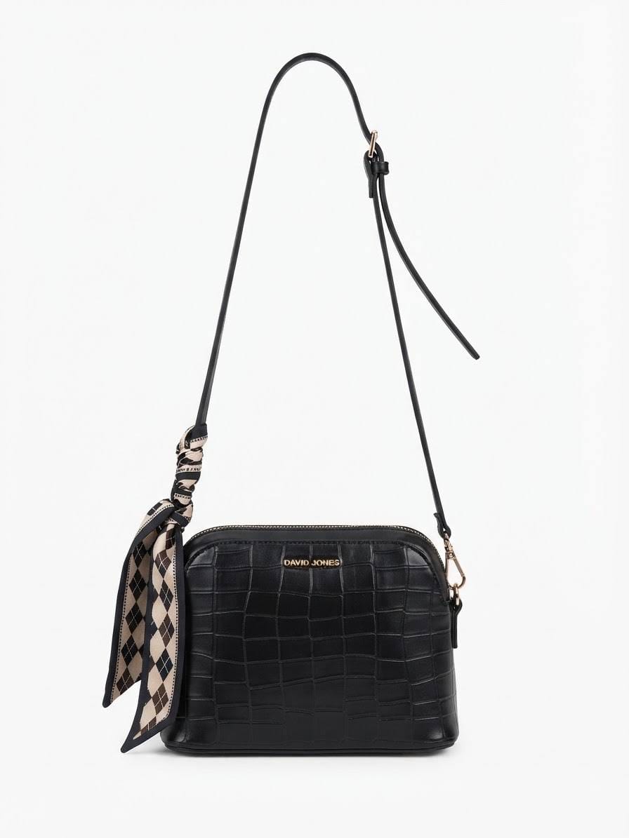 BAG_5 — Black scarf-detail textured crossbody bag front (Black)