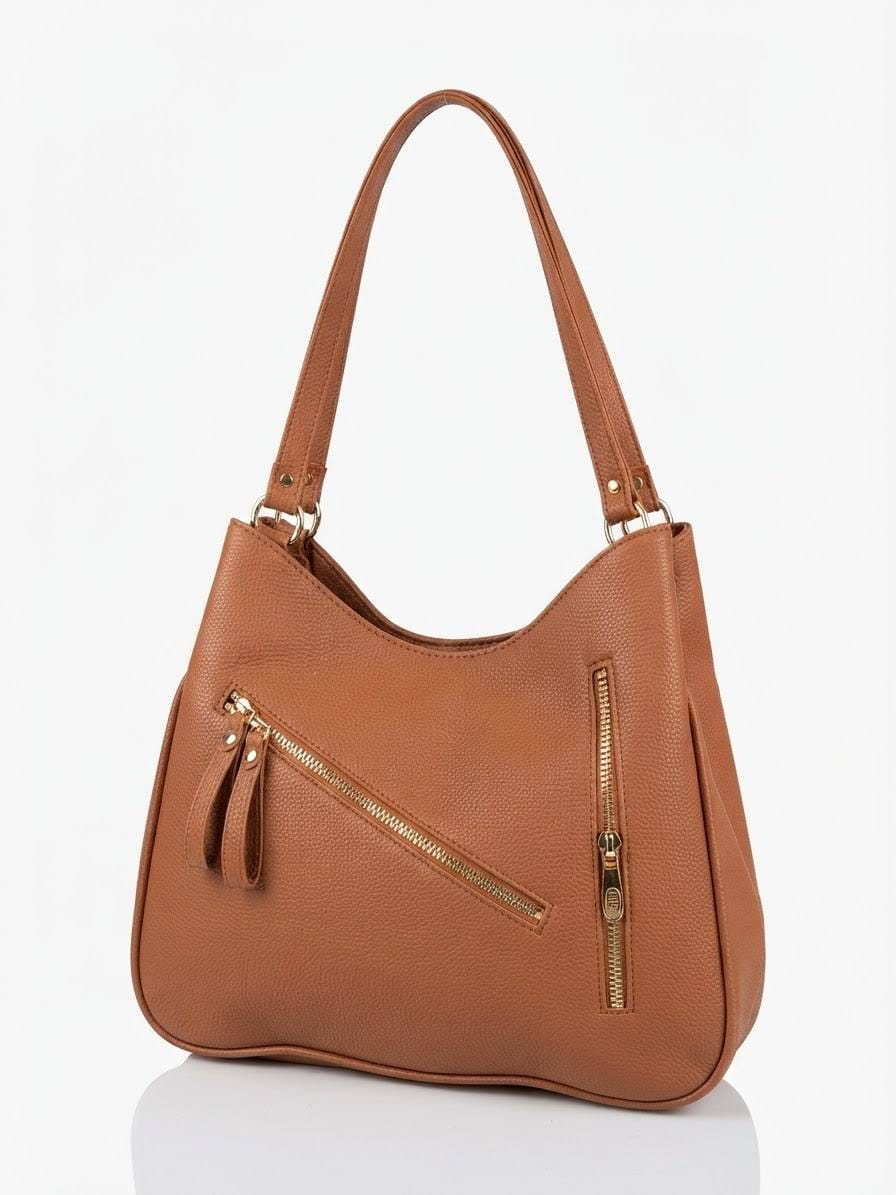BAG_6 — Tan zip-detail shoulder bag front (Tan)