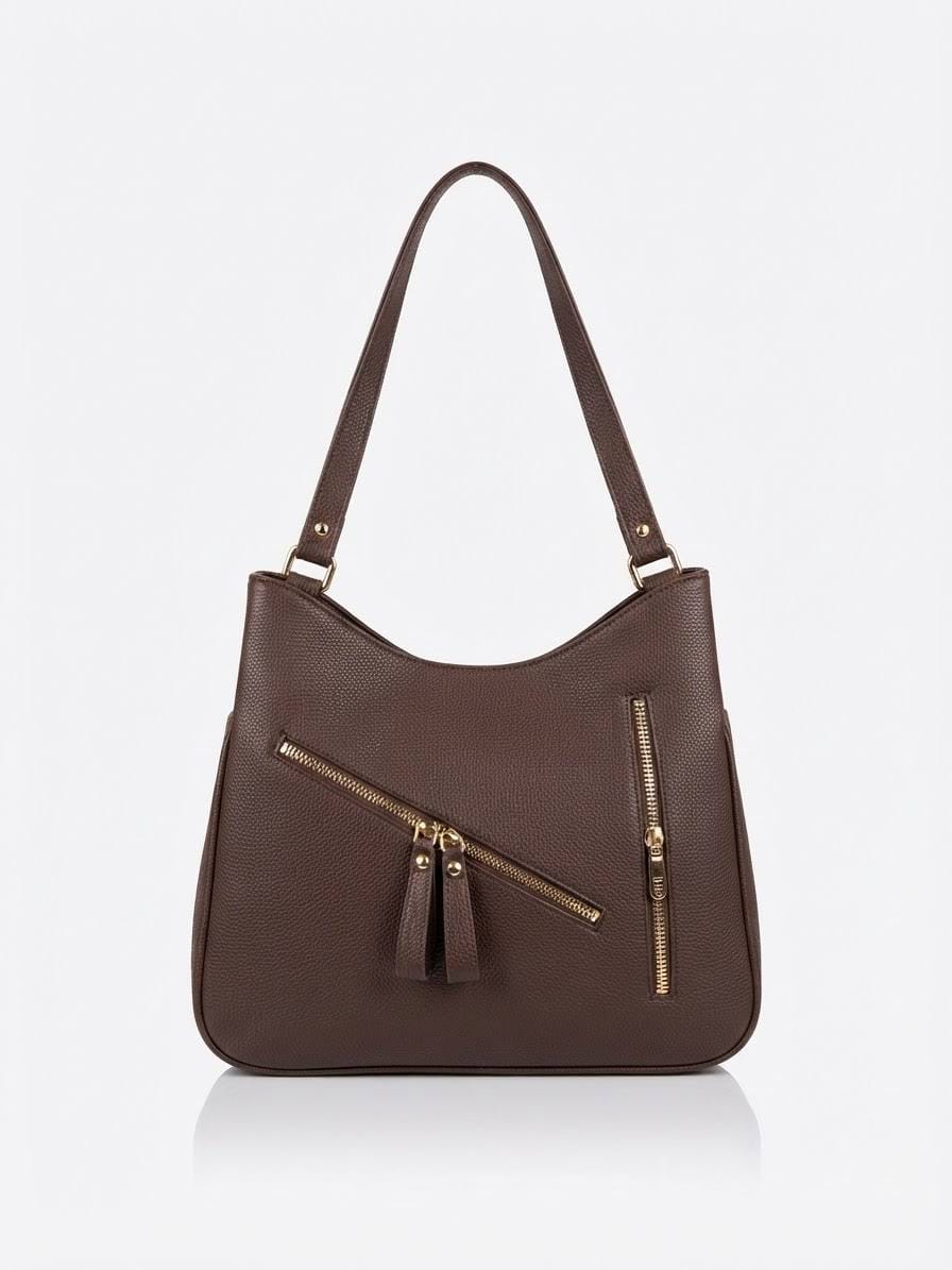BAG_6 — Brown zip-detail shoulder bag front (Brown)