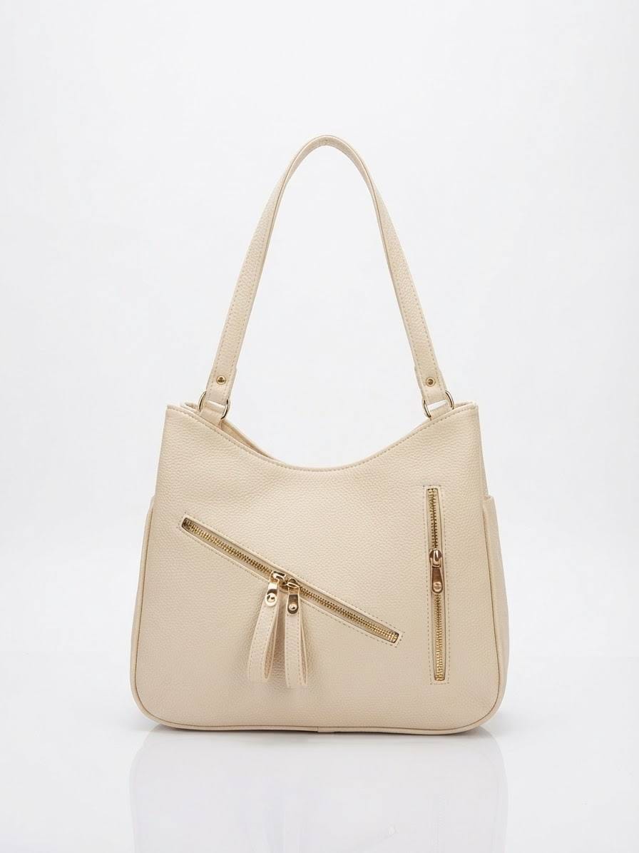 BAG_6 — Cream zip-detail shoulder bag front (Cream)