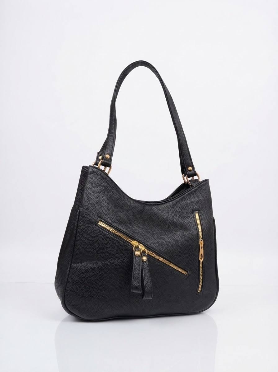 BAG_6 — Black zip-detail shoulder bag front (Black)