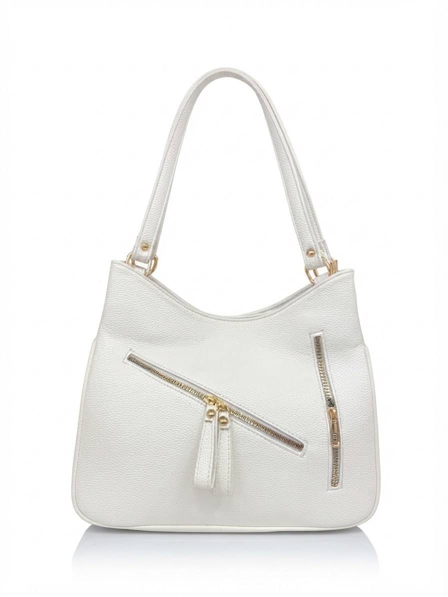 BAG_6 — White zip-detail shoulder bag front (White)