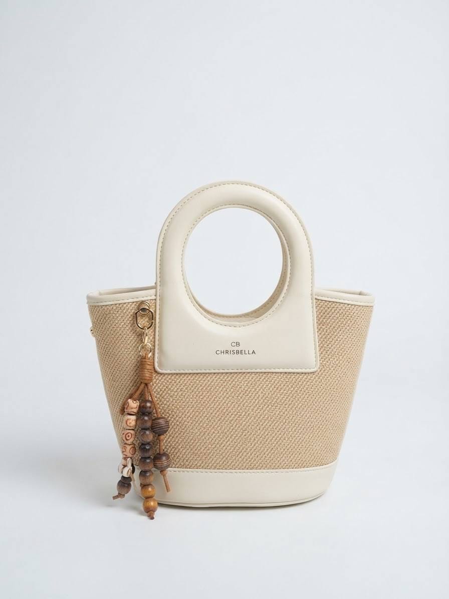 BAG_7 — Beige and Cream oval-handle bucket handbag front (Beige and Cream)