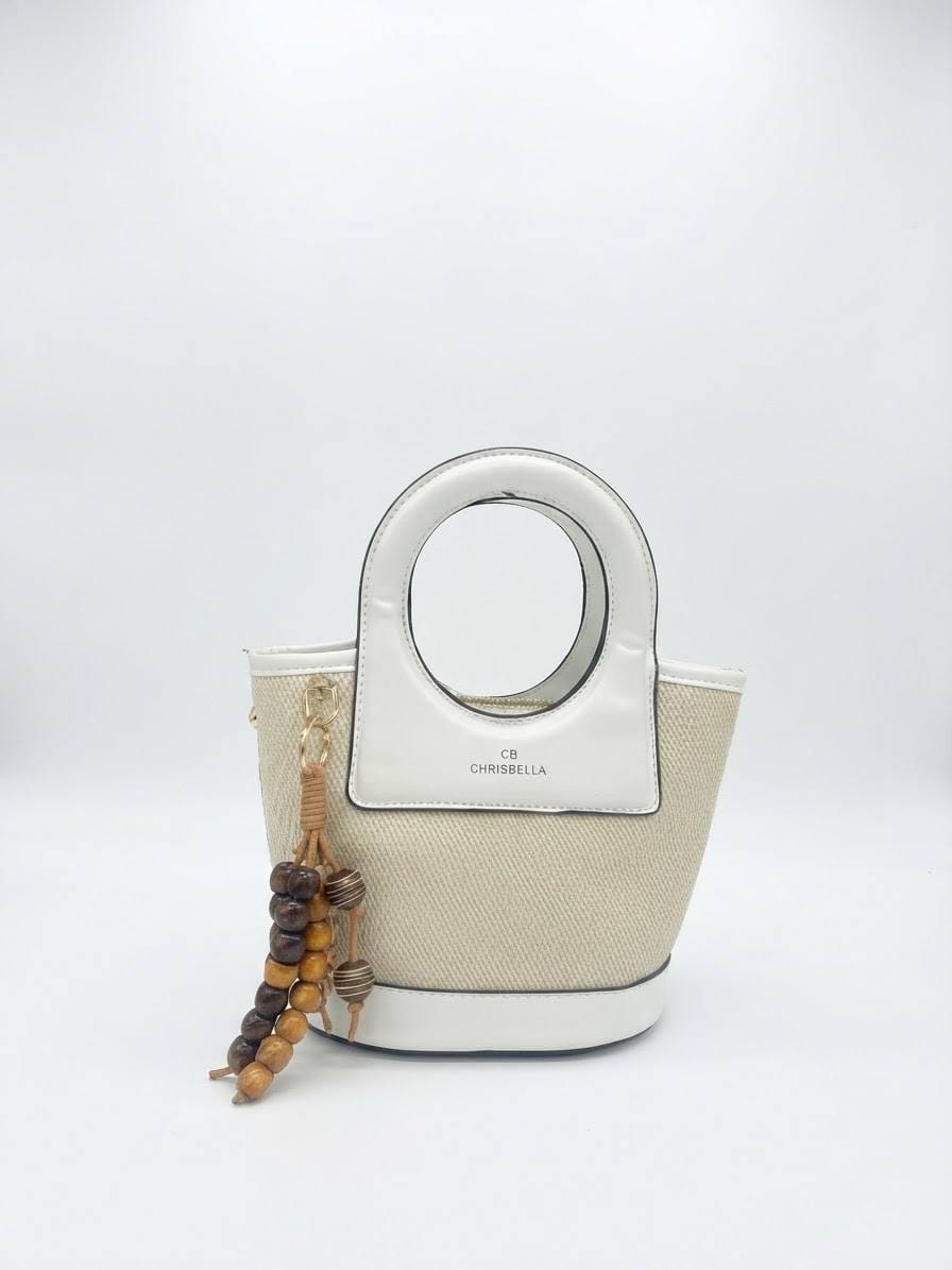 BAG_7 — Beige and White oval-handle bucket handbag front (Beige and White)