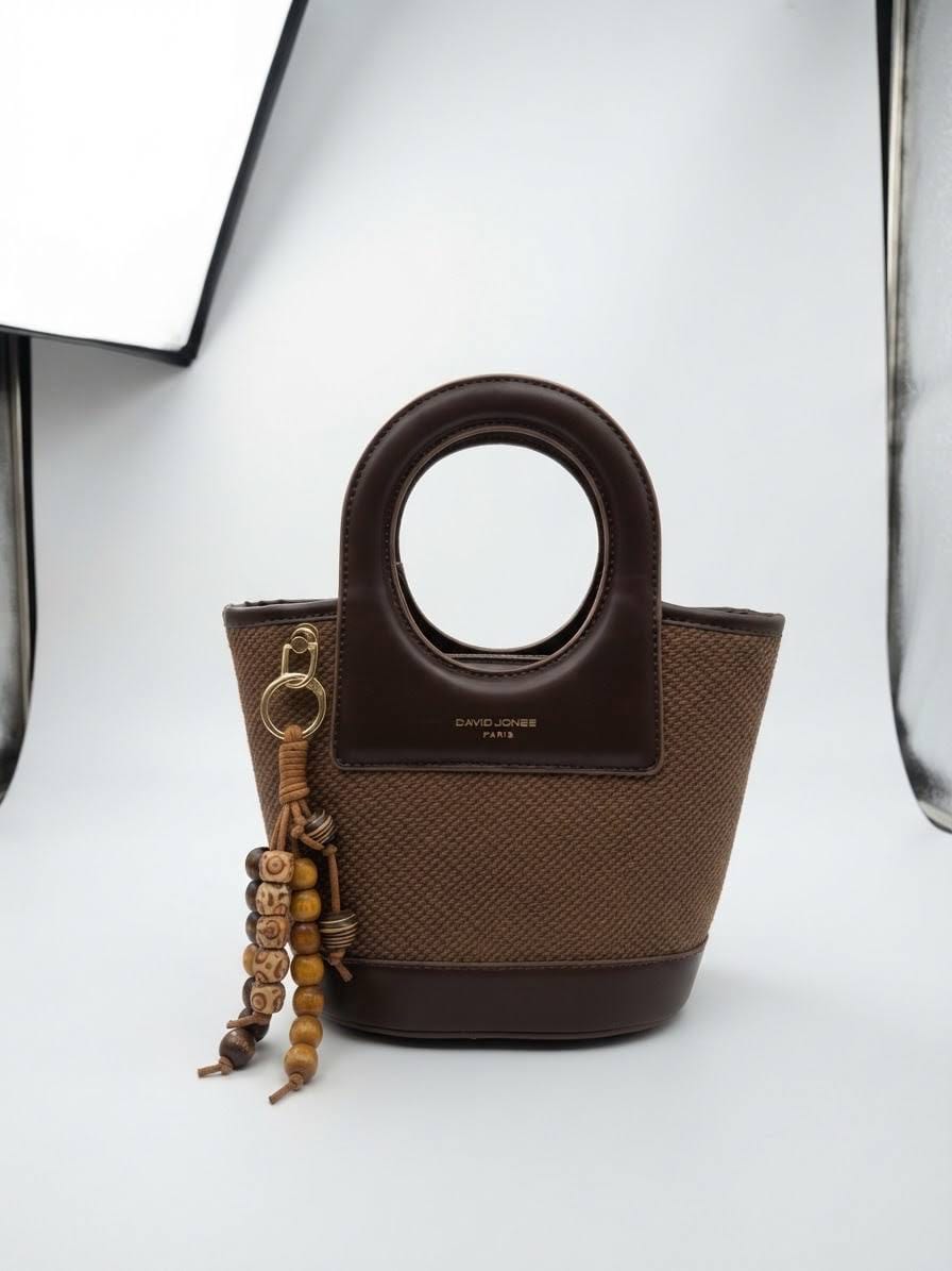 BAG_7 — Brown oval-handle bucket handbag front (Brown)