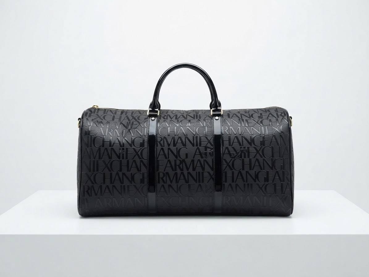 BAG_8 — Black letter-pattern travel bag front (Black)