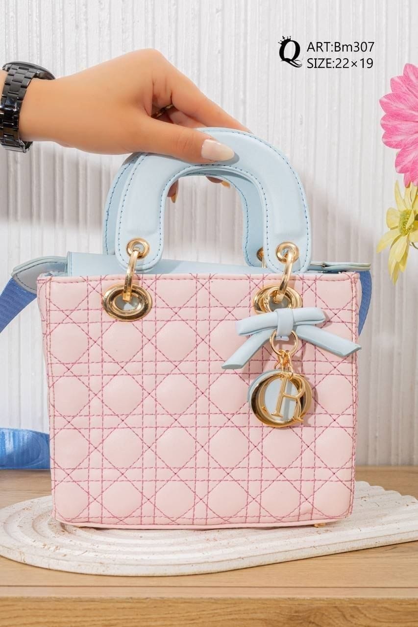 Bm307 — Pink / Light Blue quilted top handle bag front, 22 × 19 (Pink / Light Blue)