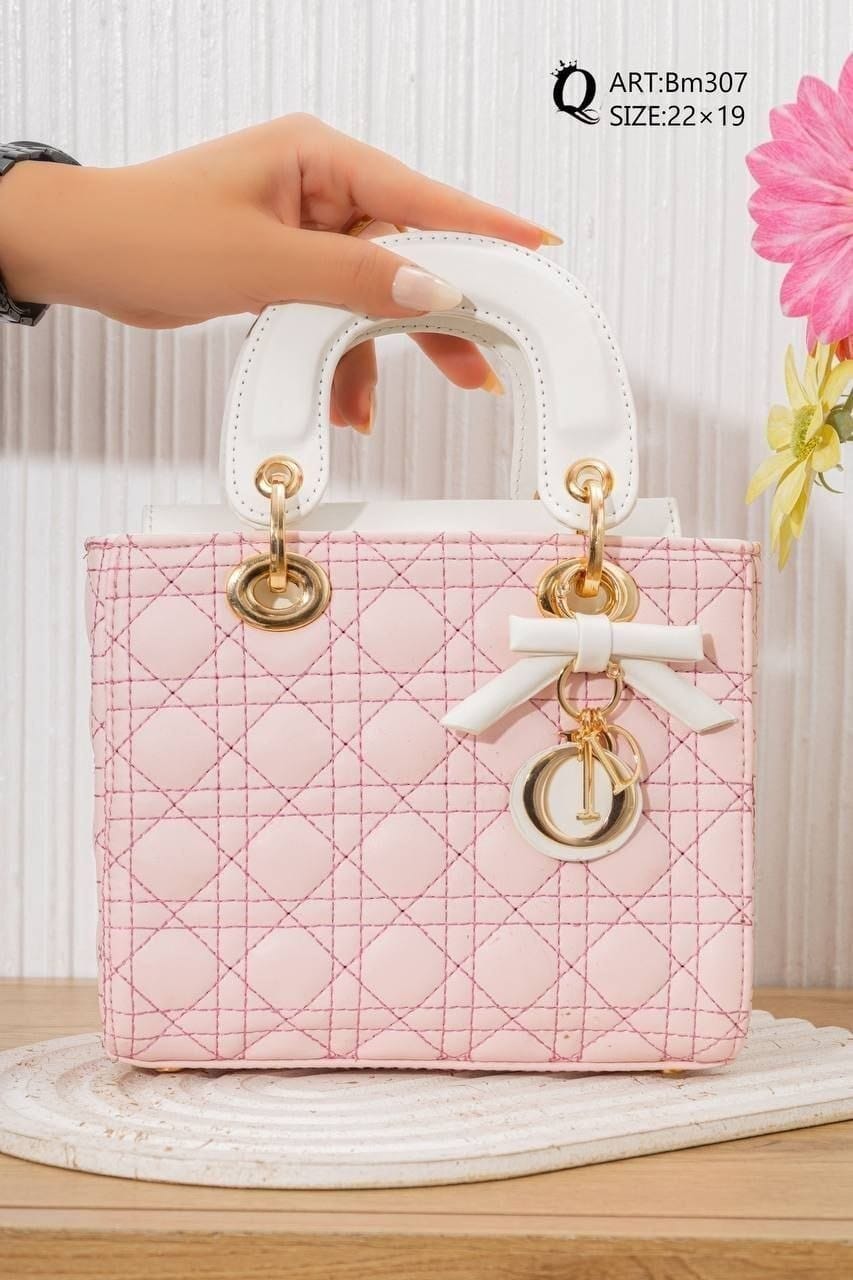 Bm307 — Pink / White quilted top handle bag front, 22 × 19 (Pink / White)