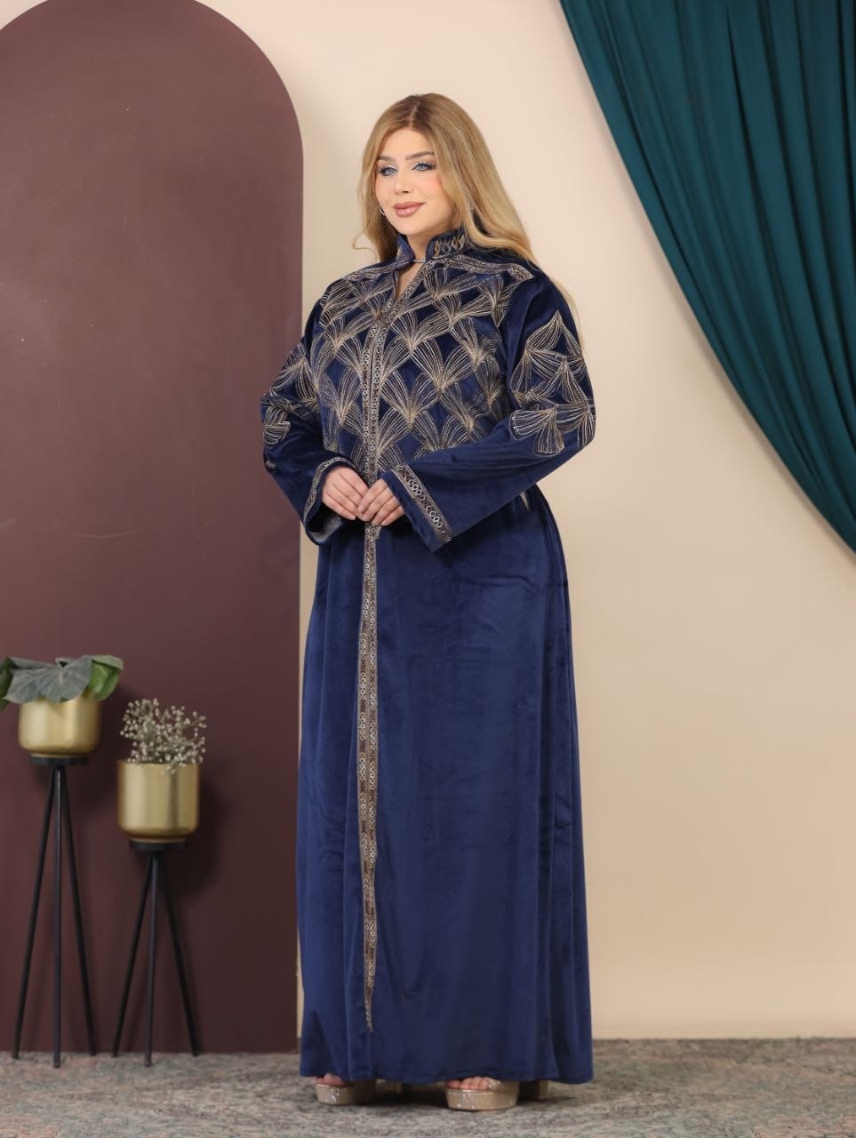 GLB_1 — Navy long dress with gold-tone embroidery angled view, 1: 60–85 kg; 2: 85–120 kg (Navy)