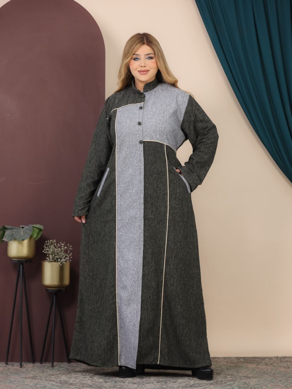 GLB_10 — Olive / Light Gray asymmetric color-block abaya front view, 1: 60–85 kg; 2: 85–120 kg (Olive / Light Gray)