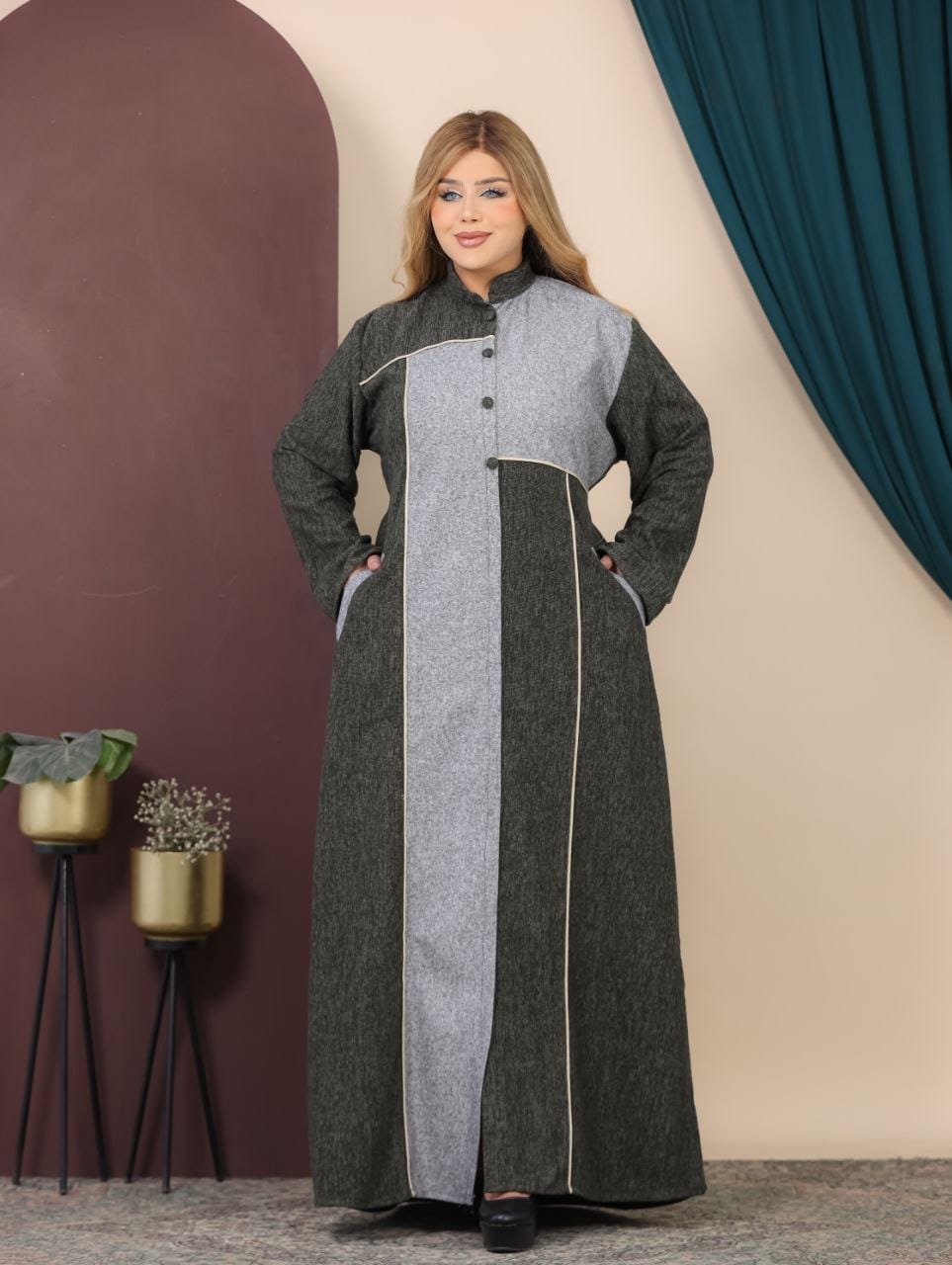 GLB_10 — Olive / Light Gray asymmetric color-block abaya front view, 1: 60–85 kg; 2: 85–120 kg (Olive / Light Gray)