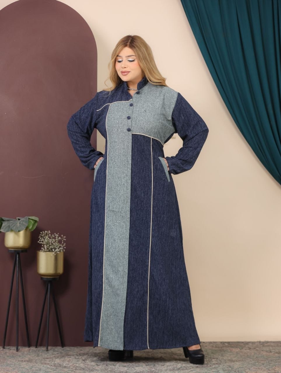 GLB_10 — Navy / Blue Gray asymmetric color-block abaya front view, 1: 60–85 kg; 2: 85–120 kg (Navy / Blue Gray)