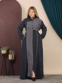 GLB_10 — Charcoal / Gray asymmetric color-block abaya front view, 1: 60–85 kg; 2: 85–120 kg (Charcoal / Gray)