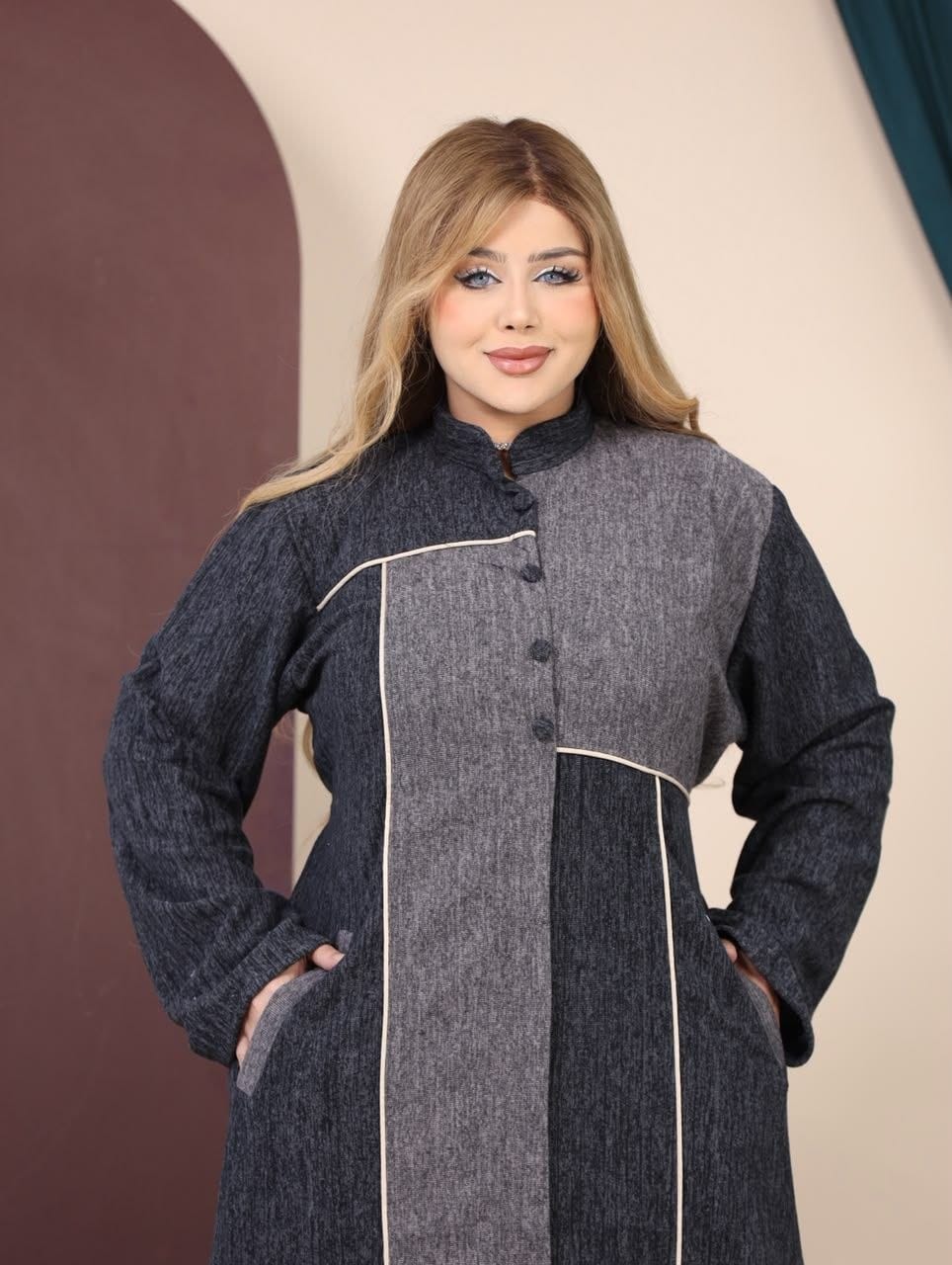 GLB_10 — Charcoal / Gray asymmetric color-block abaya bodice detail, 1: 60–85 kg; 2: 85–120 kg (Charcoal / Gray)
