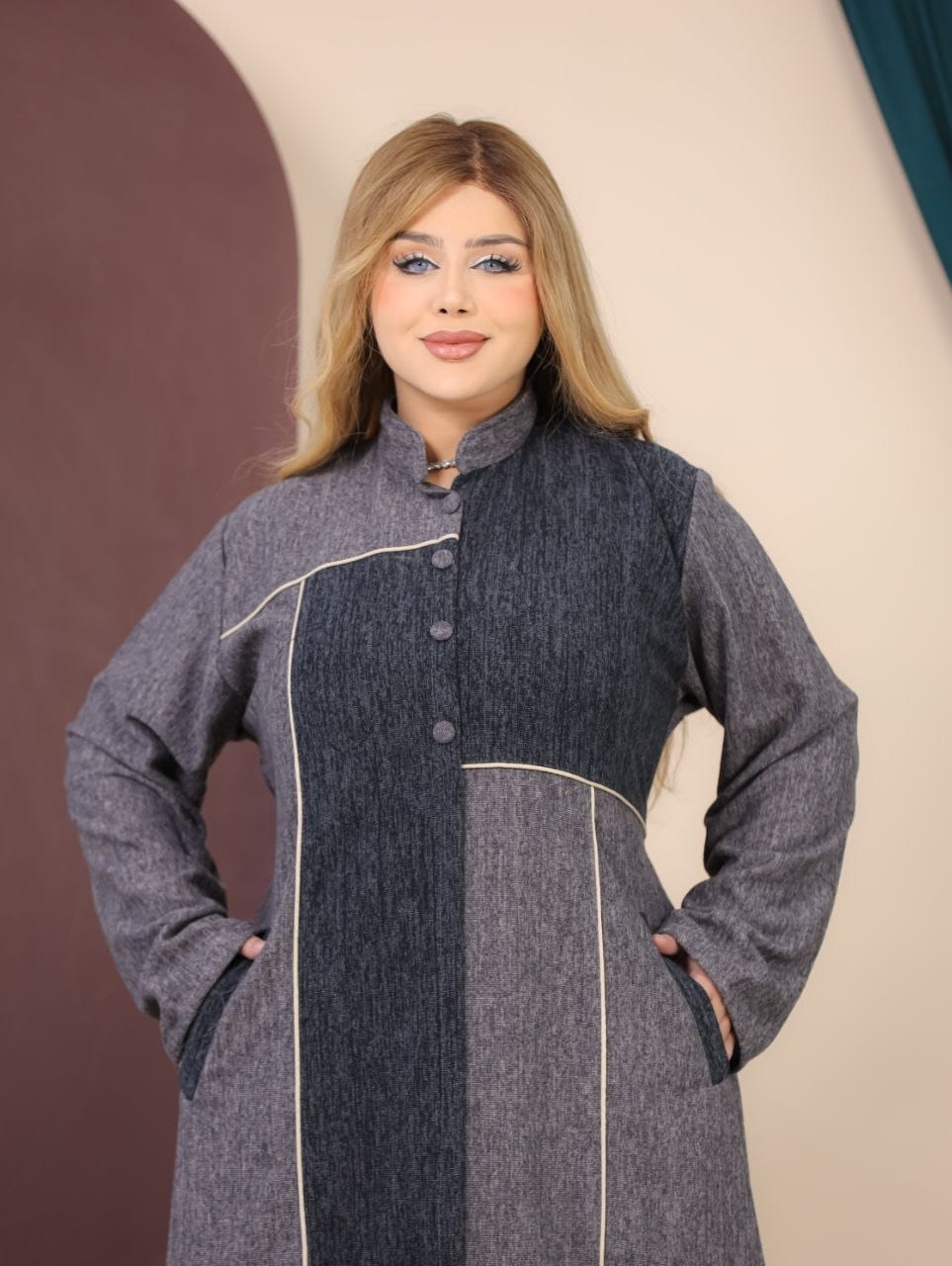 GLB_10 — Gray / Charcoal asymmetric color-block abaya bodice detail, 1: 60–85 kg; 2: 85–120 kg (Gray / Charcoal)