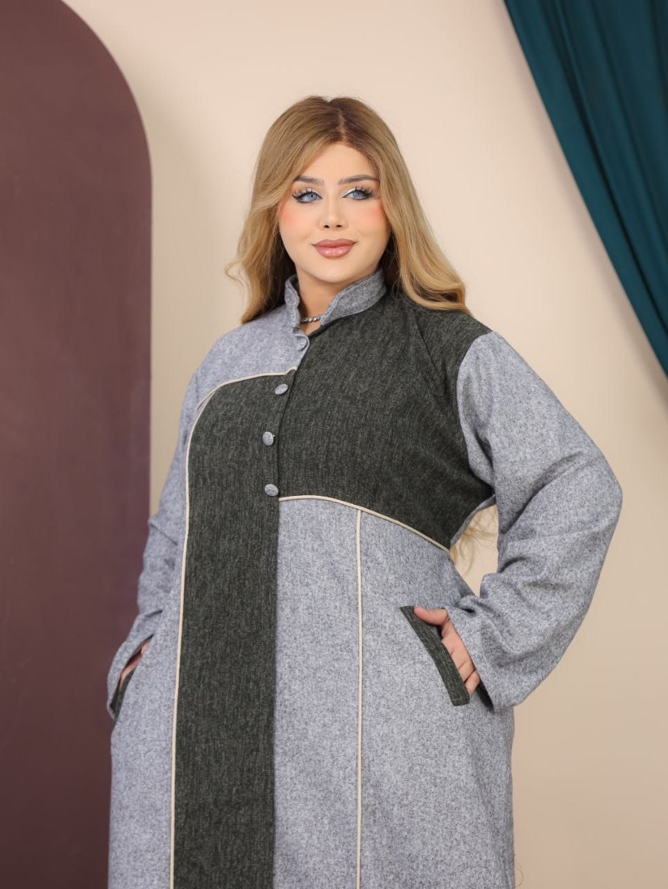GLB_10 — Light Gray / Olive asymmetric color-block abaya bodice detail, 1: 60–85 kg; 2: 85–120 kg (Light Gray / Olive)