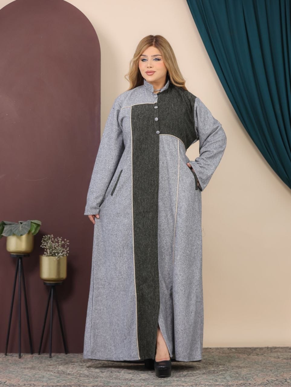 GLB_10 — Light Gray / Olive asymmetric color-block abaya front view, 1: 60–85 kg; 2: 85–120 kg (Light Gray / Olive)