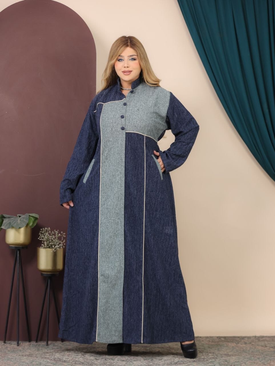 GLB_10 — Navy / Blue Gray asymmetric color-block abaya front view, 1: 60–85 kg; 2: 85–120 kg (Navy / Blue Gray)