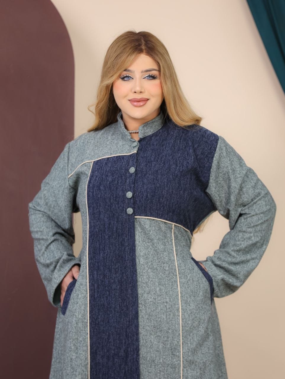 GLB_10 — Blue Gray / Navy asymmetric color-block abaya bodice detail, 1: 60–85 kg; 2: 85–120 kg (Blue Gray / Navy)