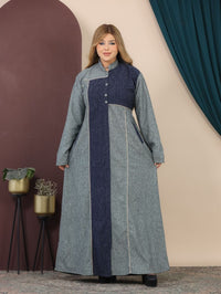 GLB_10 — Blue Gray / Navy asymmetric color-block abaya front view, 1: 60–85 kg; 2: 85–120 kg (Blue Gray / Navy)