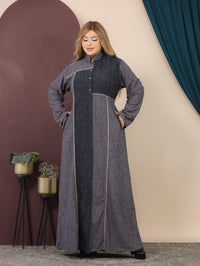 GLB_10 — Gray / Charcoal asymmetric color-block abaya front view, 1: 60–85 kg; 2: 85–120 kg (Gray / Charcoal)