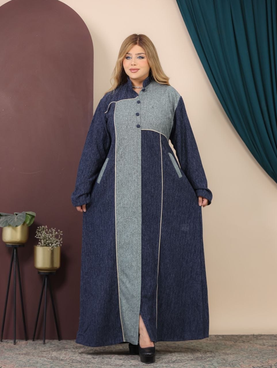 GLB_10 — Navy / Blue Gray asymmetric color-block abaya front view, 1: 60–85 kg; 2: 85–120 kg (Navy / Blue Gray)
