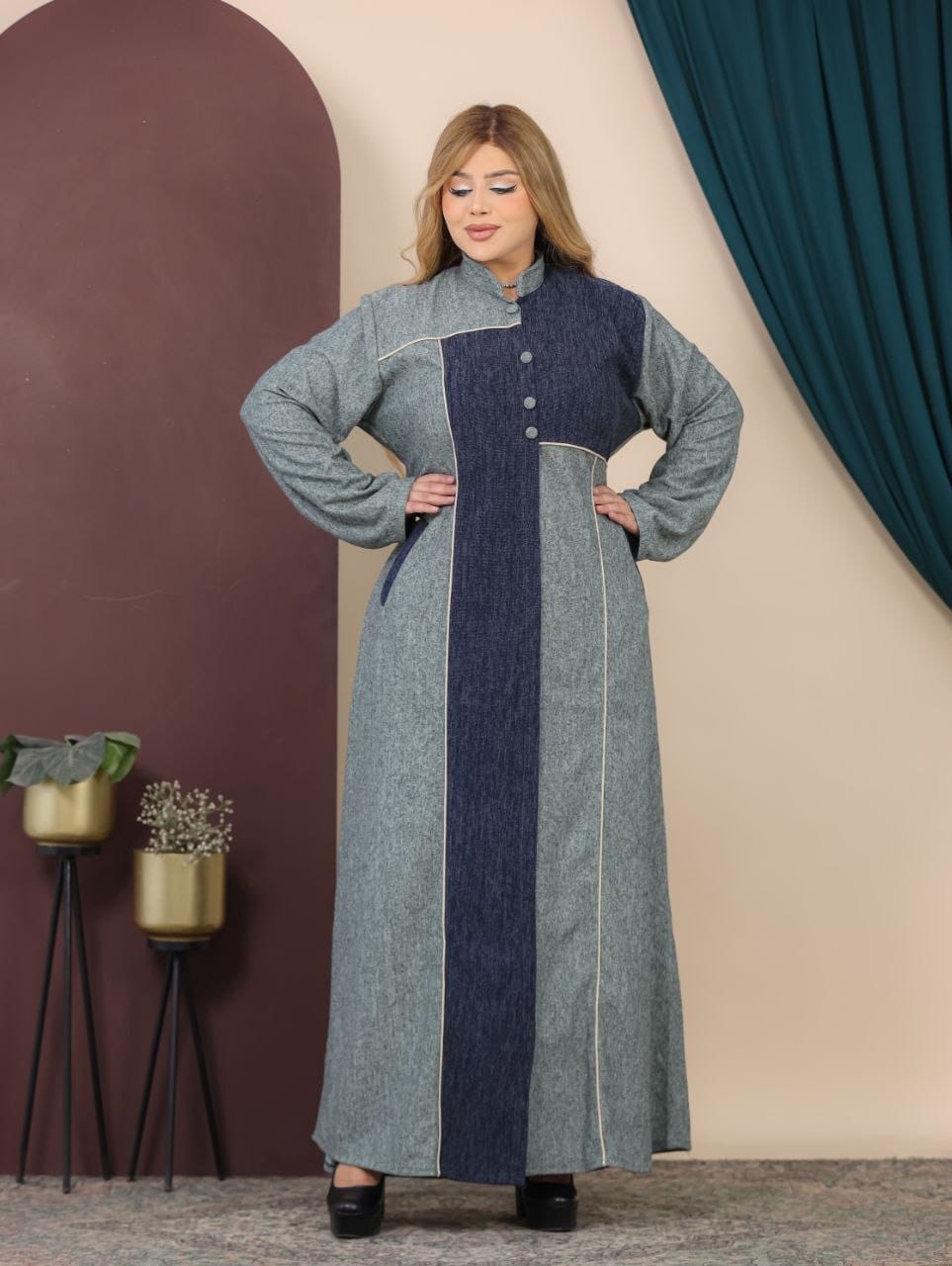 GLB_10 — Blue Gray / Navy asymmetric color-block abaya front view, 1: 60–85 kg; 2: 85–120 kg (Blue Gray / Navy)