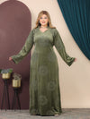 GLB_11 — Olive floral motif long-sleeve maxi abaya front view, 1: 60–85 kg; 2: 85–120 kg (Olive)