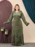 GLB_11 — Olive floral motif long-sleeve maxi abaya front view, 1: 60–85 kg; 2: 85–120 kg (Olive)