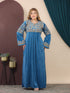 GLB_12 — Blue gold-patterned long-sleeve maxi abaya front view, 1: 60–85 kg; 2: 85–120 kg (Blue)