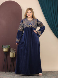GLB_12 — Navy gold-patterned long-sleeve maxi abaya front view, 1: 60–85 kg; 2: 85–120 kg (Navy)