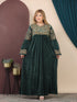 GLB_12 — Dark Green gold-patterned long-sleeve maxi abaya front view, 1: 60–85 kg; 2: 85–120 kg (Dark Green)