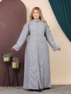 GLB_13 — Light Gray button-front maxi abaya with contrast piping front view, 1: 60–85 kg; 2: 85–120 kg (Light Gray)