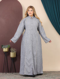 GLB_13 — Light Gray button-front maxi abaya with contrast piping front view, 1: 60–85 kg; 2: 85–120 kg (Light Gray)
