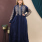 GLB_14 — Navy floral-trim maxi abaya with decorative neckline front view, 1: 60–85 kg; 2: 85–120 kg (Navy)