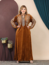 GLB_14 — Rust floral-trim maxi abaya with decorative neckline front view, 1: 60–85 kg; 2: 85–120 kg (Rust)