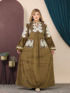 GLB_15 — Olive leaf-pattern maxi abaya with patch pockets front view, 1: 60–85 kg; 2: 85–120 kg (Olive)