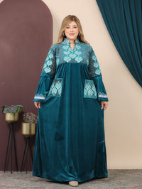 GLB_15 — Teal leaf-pattern maxi abaya with patch pockets front view, 1: 60–85 kg; 2: 85–120 kg (Teal)