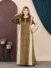 GLB_16 — Olive / Cream two-tone maxi abaya with decorative trim front view, 1: 60–85 kg; 2: 85–120 kg (Olive / Cream)