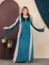 GLB_16 — Teal / Cream two-tone maxi abaya with decorative trim front view, 1: 60–85 kg; 2: 85–120 kg (Teal / Cream)