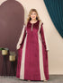 GLB_16 — Burgundy / Cream two-tone maxi abaya with decorative trim front view, 1: 60–85 kg; 2: 85–120 kg (Burgundy / Cream)