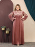 GLB_17 — Dusty Rose maxi abaya with ornate embroidery and tie back front view, 1: 60–85 kg; 2: 85–120 kg (Dusty Rose)