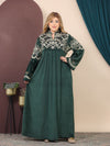 GLB_17 — Dark Green maxi abaya with ornate embroidery and tie back front view, 1: 60–85 kg; 2: 85–120 kg (Dark Green)