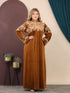 GLB_17 — Caramel maxi abaya with ornate embroidery and tie back front view, 1: 60–85 kg; 2: 85–120 kg (Caramel)
