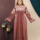 GLB_17 — Dusty Rose maxi abaya with ornate embroidery and tie back front view, 1: 60–85 kg; 2: 85–120 kg (Dusty Rose)