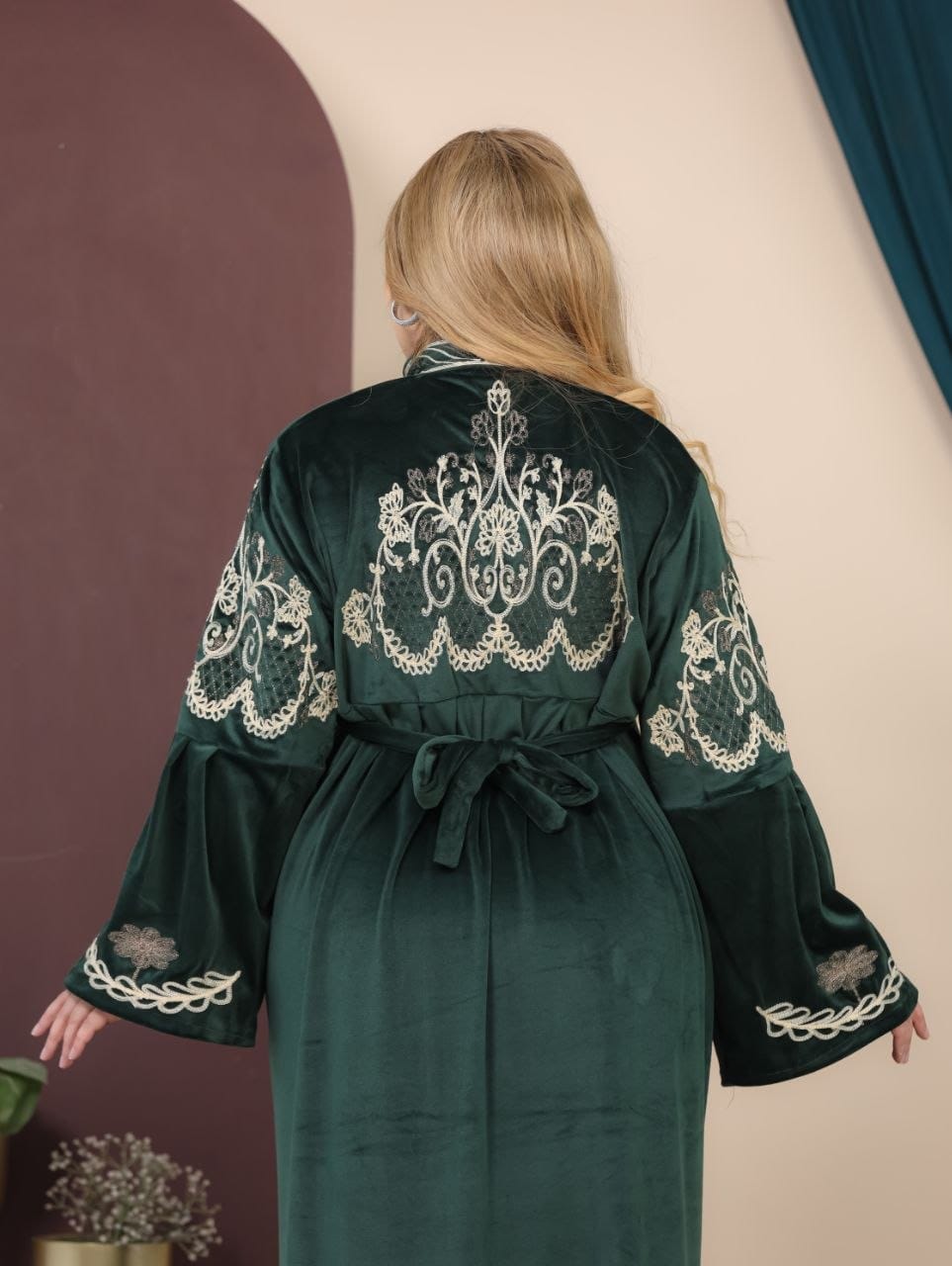 GLB_17 — Dark Green maxi abaya with ornate embroidery and tie back back view, 1: 60–85 kg; 2: 85–120 kg (Dark Green)