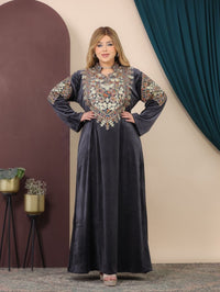 GLB_2 — Charcoal embroidered maxi dress with back tie front view, 1: 60–85 kg; 2: 85–120 kg (Charcoal)