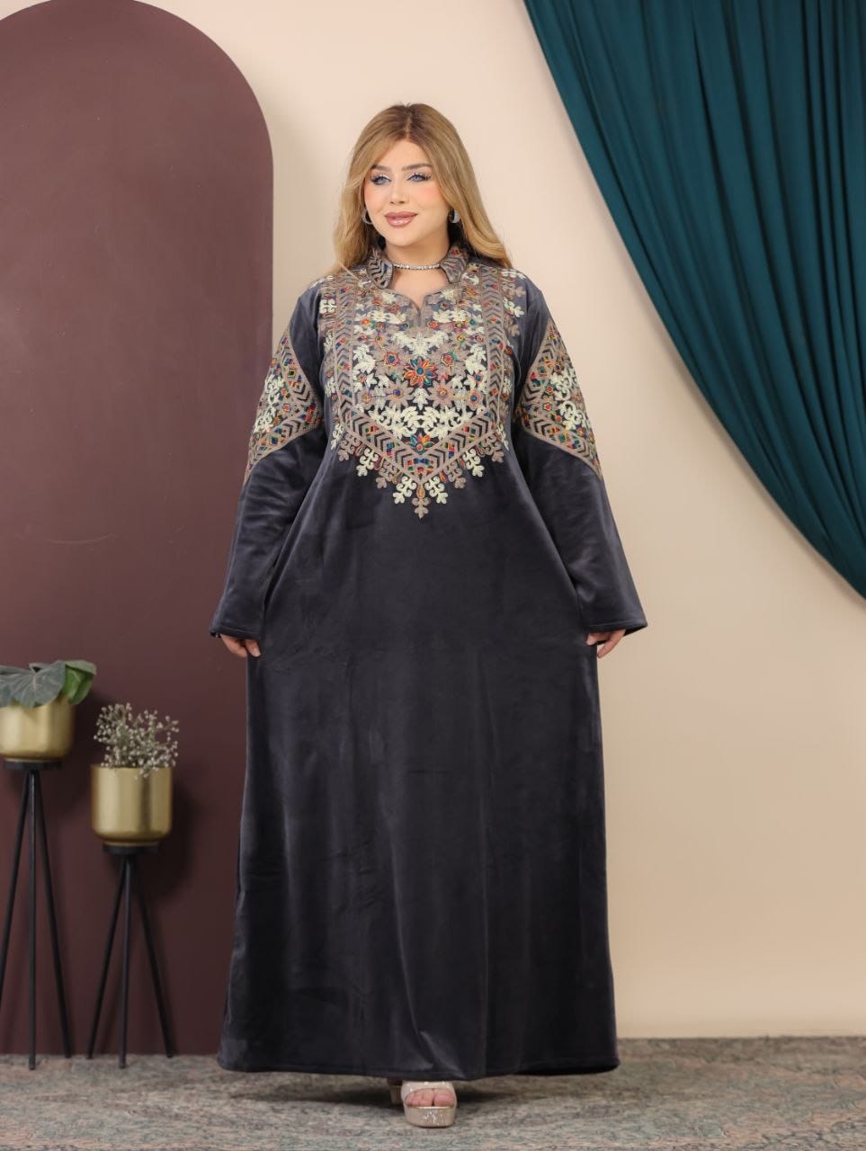GLB_2 — Charcoal embroidered maxi dress with back tie full-length view, 1: 60–85 kg; 2: 85–120 kg (Charcoal)