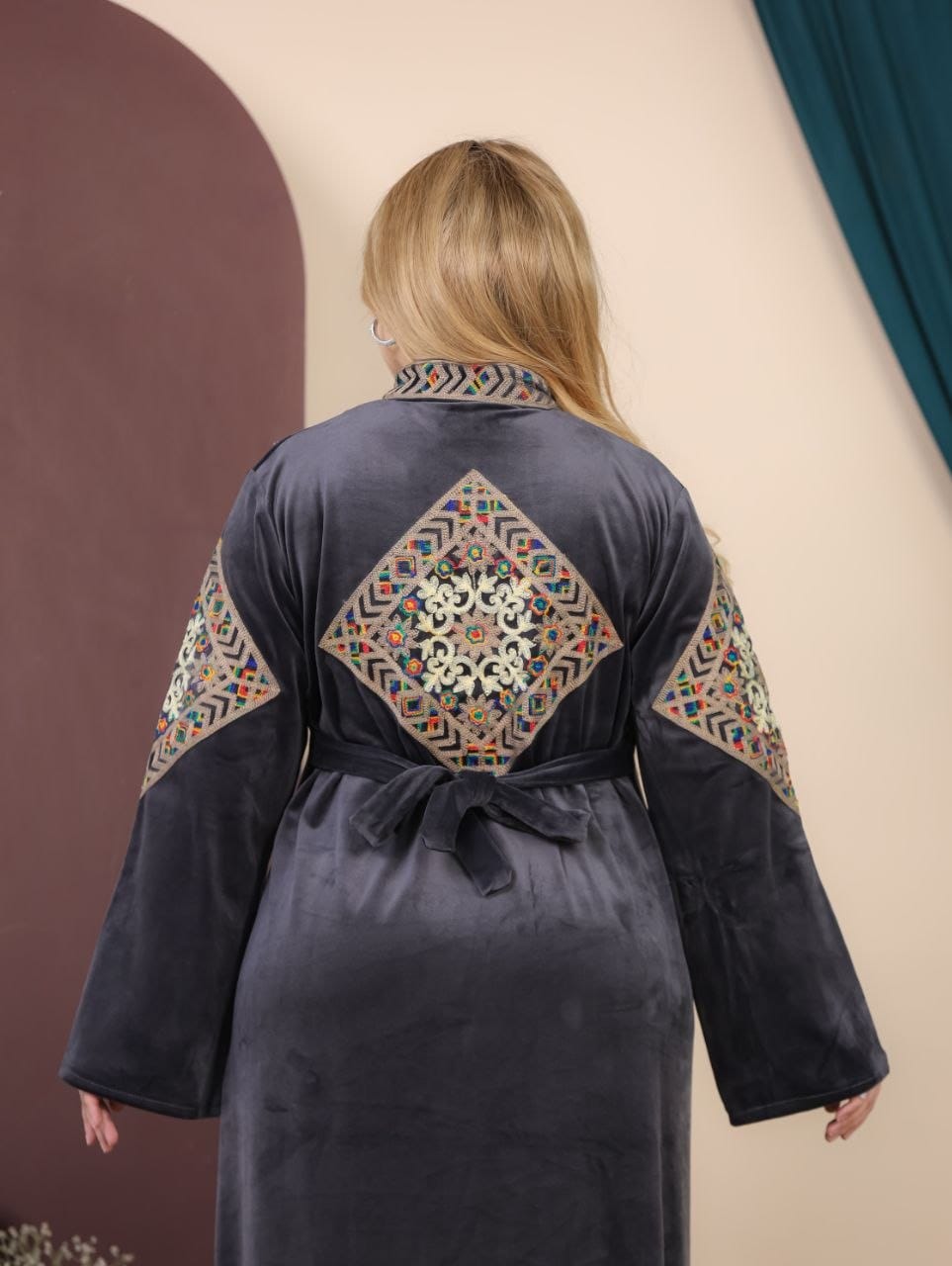 GLB_2 — Charcoal embroidered maxi dress with back tie back view, 1: 60–85 kg; 2: 85–120 kg (Charcoal)